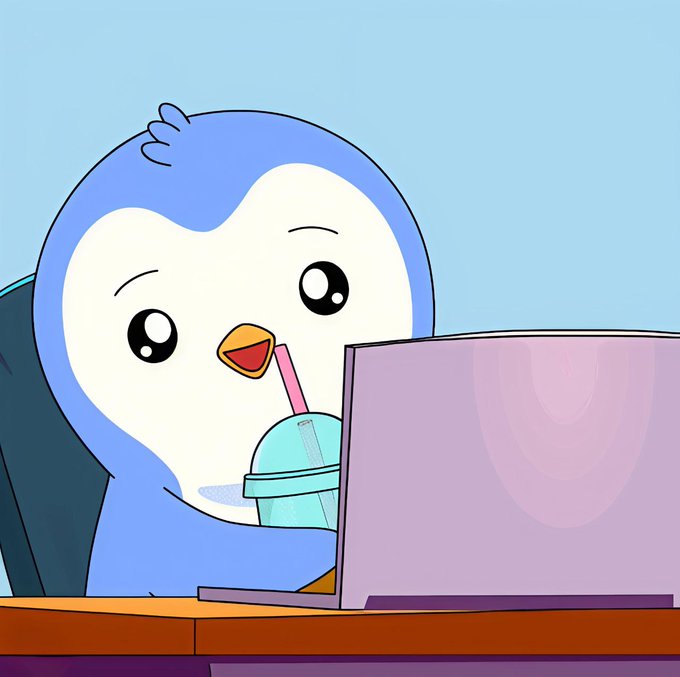 A cartoon illustration of a blue and white penguin drinking from a cup with a straw while sitting at a laptop.