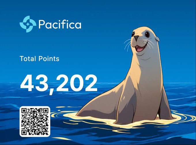 A promotional graphic for Pacifica showing a smiling seal in the ocean with 'Total Points 43,202' and a QR code.