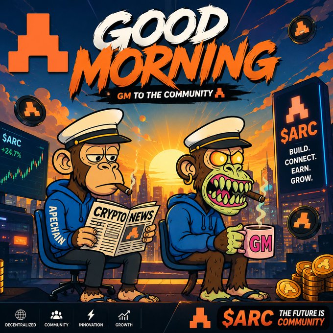 The image features two cartoon monkeys sitting at a desk, each holding a cup of coffee. The background shows a city skyline with buildings and a sunset, creating an urban setting for their gathering. Below them, there are various text elements related to the post on social media or a website called "Good Morning".