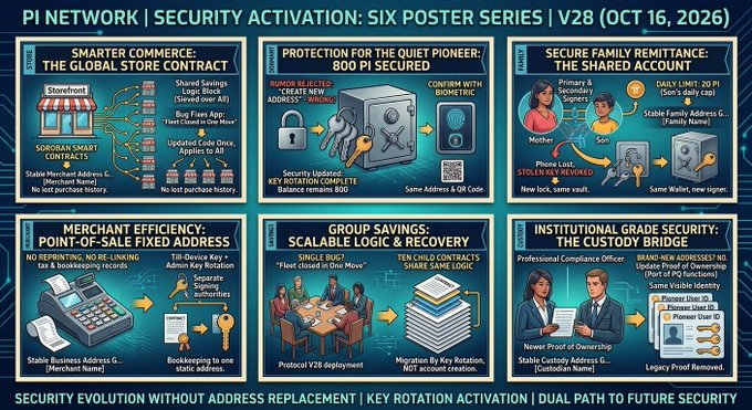 The image is a six-poster infographic titled "PI NETWORK | SECURITY ACTIVATION: SIX POSTER SERIES | V28 (OCT 16, 2026)," detailing features like Smarter Commerce Global Store Contracts, Protection for the Quiet Pioneer (800 PI Secured), Secure Family Remittance, Merchant Efficiency Point-of-Sale Fixed Address, Group Savings Scalable Logic & Recovery, and Institutional-Grade Security Custody Bridge—aligned with the post's announcement of Pi Mainnet Protocol V28 launching on October 16, 2026, as an operating-layer security upgrade that enhances network growth without replacing Pioneer addresses.