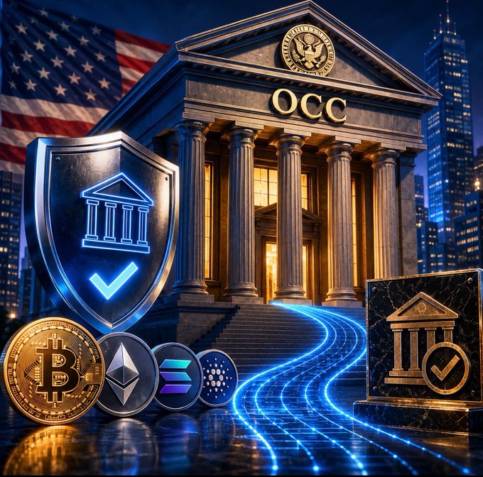 A stylized image shows a classical building labeled "OCC" (Office of the Comptroller of the Currency) flanked by an American flag and a city skyline, with cryptocurrency coins (Bitcoin, Ethereum, Solana, and Cardano) and digital security shields in the foreground, visually symbolizing the integration of crypto firms into the U.S. national banking system.