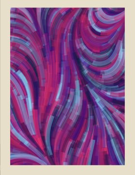 An abstract painting featuring swirling, curved strokes in shades of pink, magenta, purple, and blue, displayed within a beige border or mat.