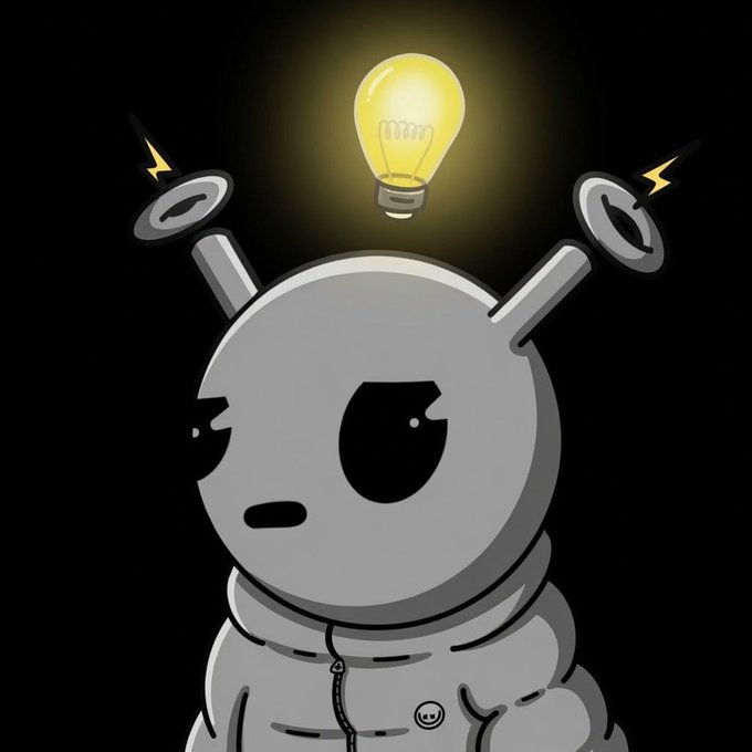 A cartoon gray robot character with an antenna and a glowing yellow lightbulb above its head.