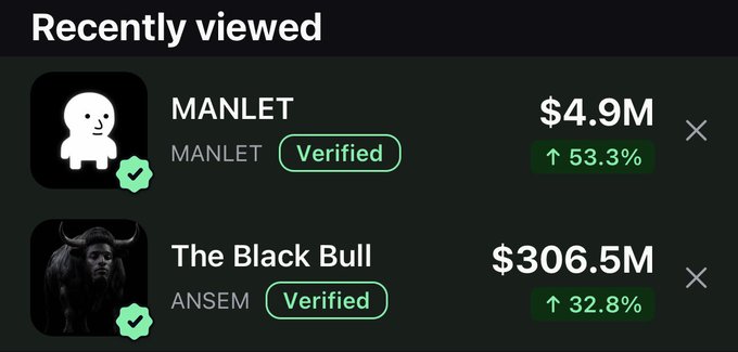 A 'Recently viewed' section displaying two verified crypto/NFT items: 'MANLET' priced at $4.9M (up 53.3%) with a white character icon, and 'The Black Bull' by ANSEM priced at $306.5M (up 32.8%) with a bull icon.