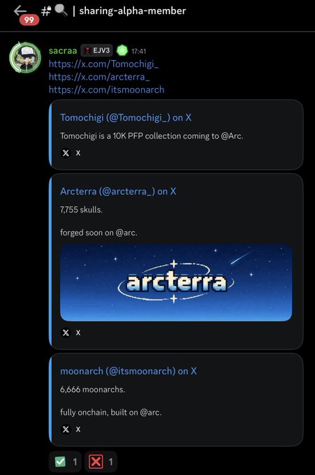 A Discord post in the #sharing-alpha-member channel by user "sacraa" shares three X (Twitter) links highlighting upcoming Arc NFT projects: Tomochigi (a 10K PFP collection), Arcterra (7,755 skulls), and moonarch (6,666 moonarchs), all marked as coming soon to the @arc platform.