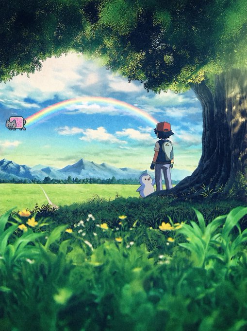 An animated scene shows a trainer standing under a large tree with a small blue Pokémon (Piplup) in a grassy field with a rainbow in the sky.