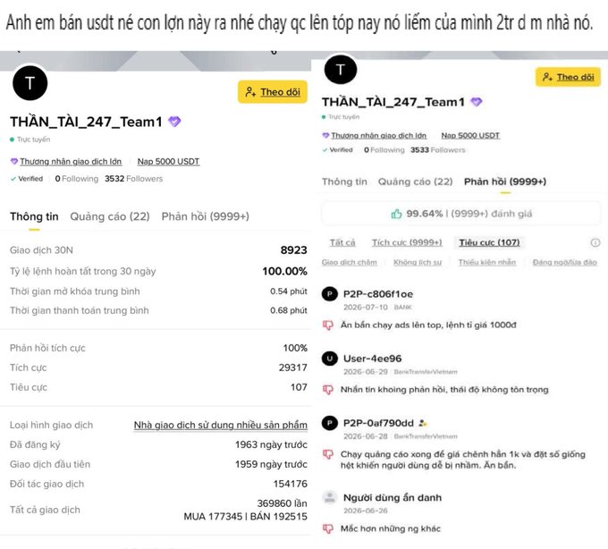 Two screenshots show a Vietnamese Binance P2P trader profile named 'THẦN_TÀI_247_Team1' with 3532 followers, a 99.64% positive rating, and over 15,000 trading partners, captioned in Vietnamese recommending a contact for USDT trading.
