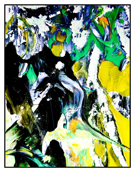An abstract expressionist painting featuring swirling, textured brushstrokes in bold colors of green, yellow, white, black, and blue.