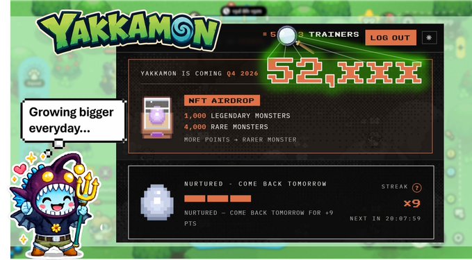 A promotional graphic for "Yakkamon" displays a community count of 52,XXX and announces "Yakkamon is coming Q4 2026" along with an NFT airdrop of 1,000 Legendary and 4,000 Rare Monsters, visually illustrating the rapid community growth referenced in the post.