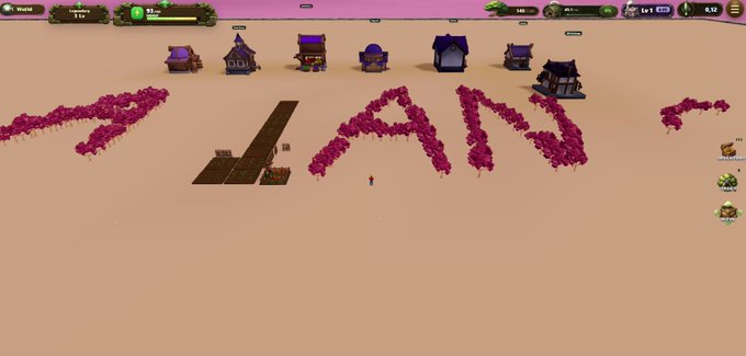The image features a large, pink-colored word "plan" written across a sandy landscape with several small houses scattered throughout. The text also includes mentions of a "game" and "base", suggesting that this scene might be part of an interactive game or a base for a video game.
