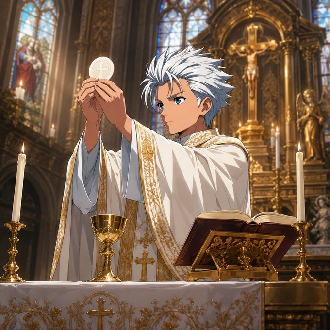 An anime-style priest with silver hair elevates a golden chalice and crucifix at an ornate altar, candles and stained glass in the background, symbolizing the post's call to attend church and highlighting WolfSwap as the sacred "heart" of the Cronos community.