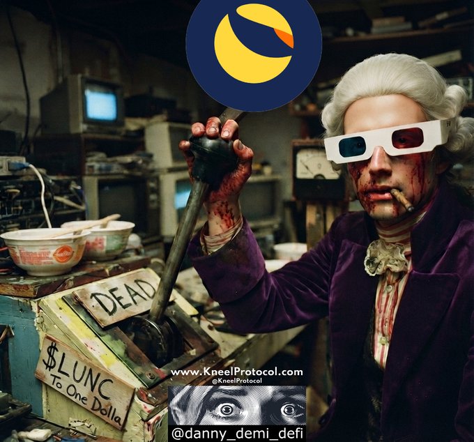 This image depicts a person in a powdered wig and 3D glasses, in a bloody setting, pulling a lever on a machine labeled "$LUNC To One Dolla" and "DEAD," reflecting the sentiments of the accompanying post regarding the lack of growth for $LUNC.