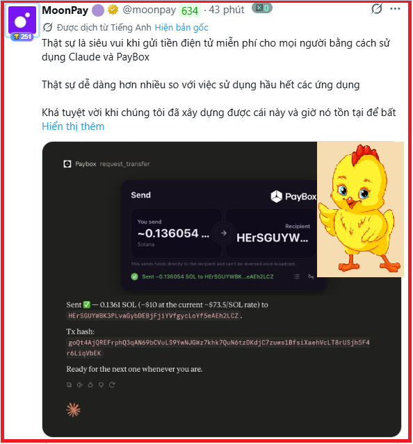 A Vietnamese-translated tweet from @moonpay celebrating free electronic payments using Claude and PayBox, showing a PayBox transfer of -0.136054 SOL to 'HErSGUYW...' with a cute yellow chick emoji.