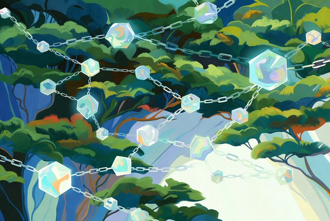 A stylized illustration depicts a lush green forest with glowing crystalline cubes connected by silver chains, symbolizing an interconnected blockchain network. The geometric nodes linked across the natural landscape visually represent Canopy Network's vision of AI-powered blockchain infrastructure, where chains act as building blocks linking together in a seamless, decentralized ecosystem.