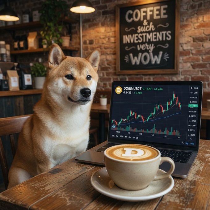 A Shiba Inu sits at a wooden café table beside a laptop displaying the DOGE/USDT chart (0.14231, +4.26%) and a cappuccino with "D" latte art, perfectly capturing the "morning routine: chart + coffee = $DOGE to a dollar" vibe under a "COFFEE & such INVESTMENTS very WOW" chalkboard sign.