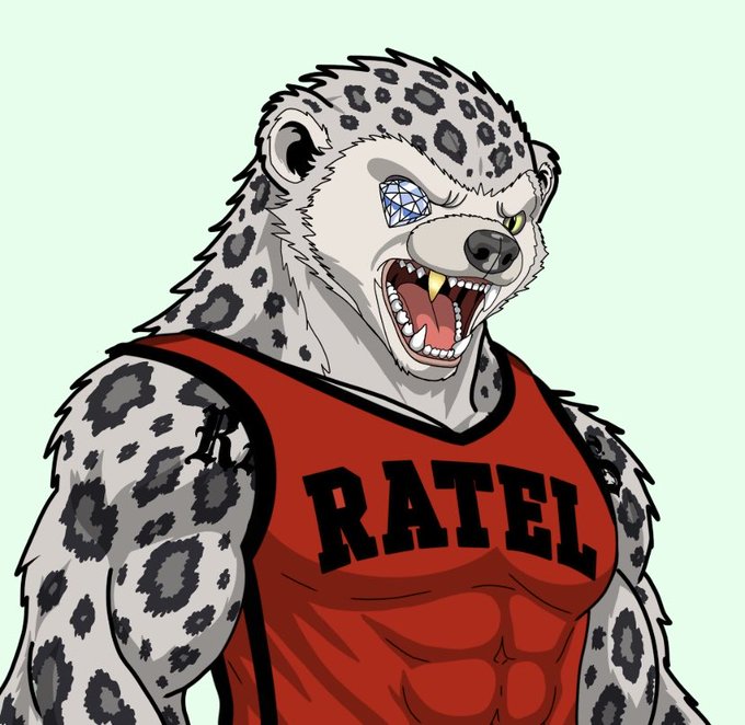 A digital illustration of a muscular, anthropomorphic snow leopard with a diamond-patterned eye, wearing a red tank top that reads 'RATEL.'