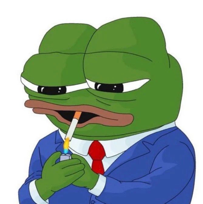 A cartoon illustration of a green anthropomorphic frog wearing a blue suit jacket and red tie, holding and lighting a cigarette.