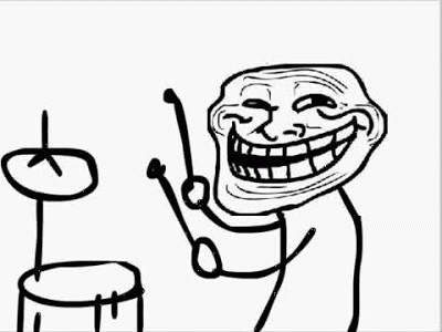 A black-and-white drawing of the Trollface meme grinning widely while enthusiastically playing drums with drumsticks.