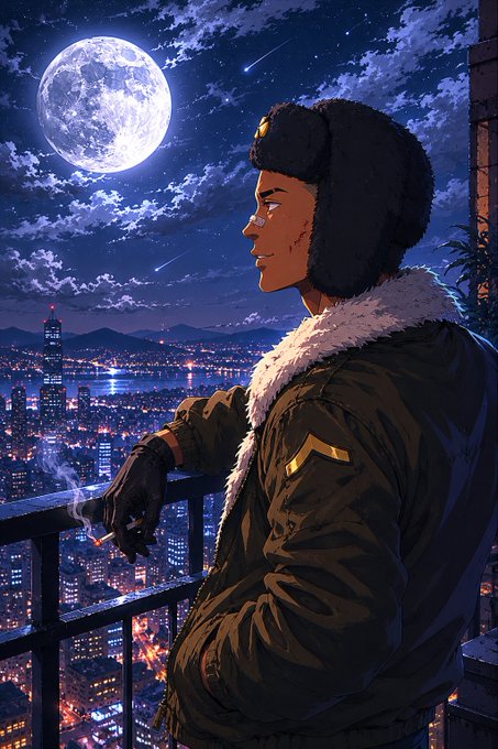 An anime-style illustration depicts a man in a fur-lined aviator hat and jacket standing on a balcony at night, smoking a cigarette while gazing at a large full moon and a cityscape below.