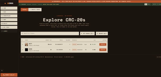 The image shows a sneak peek of an "Explore CRC-20s" launchpad interface on the Cardano ecosystem, featuring placeholder tickers ZEIT (priced at $56.81 with 17.4% VPL) and ASKO (priced at $2 with 0.00% VPL), both displayed with a 0% circulating supply and redacted icons, matching the post's description of a stealth-style token launch platform.
