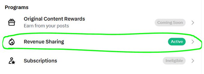 A screenshot of a 'Programs' menu showing 'Revenue Sharing' as 'Active' (circled in green), with 'Original Content Rewards' marked 'Coming Soon' and 'Subscriptions' as 'Ineligible'.