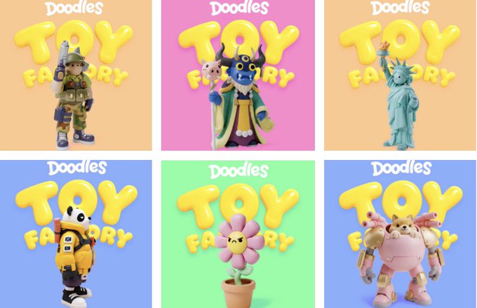 Promotional grid for 'Doodles TOY FACTORY' NFT collection showing six toy-styled character designs, including an astronaut, a wizard, the Statue of Liberty, a Transformer-like figure, a potted flower, and a pink mech character, set against pastel-colored backgrounds.