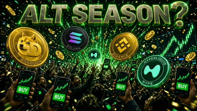 A promotional graphic with the text 'ALT SEASON?' featuring various crypto coin logos including DOGECOIN, SOLANA, BNB, and HYPERLIQUID HYPE, set against a background of a cheering crowd holding up phones displaying 'BUY' and rising green charts.