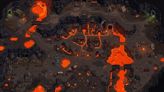 An isometric digital illustration of a volcanic village with lava flows, mining structures, and tents set in a rocky landscape.