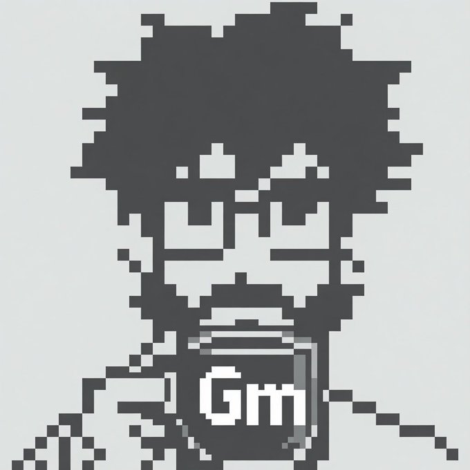 A pixel art character with an afro holds a coffee mug displaying "Gm" against a light background, visually greeting viewers with "Good Morning" in alignment with the post's cheerful morning announcement about Beeple x Normies #7007 going live.