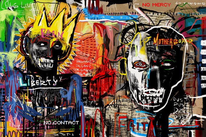 A chaotic mixed-media artwork featuring two skull-like figures, one with a yellow spiked crown labeled 'FAUN' and another darker figure labeled 'MOTHERBOARD', with text including 'NO MERCY', 'LIBERTY', and 'NO CONTACT'.