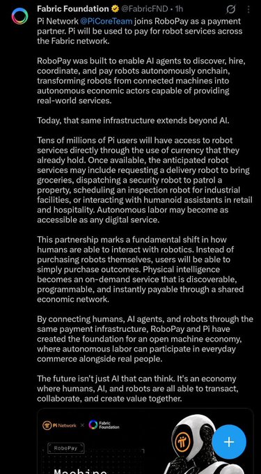 A tweet from Fabric Foundation (@FabricFND) announcing that the Pi Network (@PiCoreTeam) has joined RoboPay as a payment partner to enable robots to be paid for services across the Fabric network.
