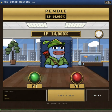 A pixel-art game screen titled 'PENDLE' showing 'THE BOARD MEETING.exe' with an LP token at 14,000%, featuring a blue character at a desk with green 'PT' and red 'VT' buttons, and 'THE ROOM IS OPEN' at the bottom.