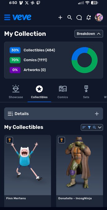 A screenshot of the Veve app showing a 'My Collection' page with 30% Collectibles, 70% Comics, and 0% Artworks, featuring 3D figures of Finn Mertens and Donatello from IncogNinja.