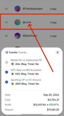 A mobile app leaderboard screenshot highlighting the user "Ozone" in second place on the Combo 3 picks leaderboard with a profit of $13,927.04, marked by a red arrow.