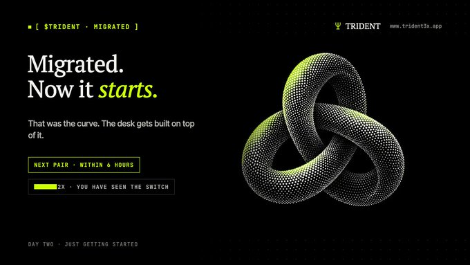 A dark promotional graphic for $TRIDENT cryptocurrency announcing 'Migrated. Now it starts.' with a trinity knot design on the right and text 'NEXT FAIR · WITHIN 6 HOURS' and '2X · YOU HAVE SEEN THE SWITCH'.