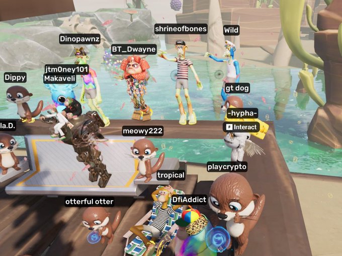 A group of colorful Roblox avatars with names like 'Dinopawnz', 'shrineofbones', 'BT_Dwayne', 'meowy222', and 'playcrypto' gather around otters on a tropical wooden platform.