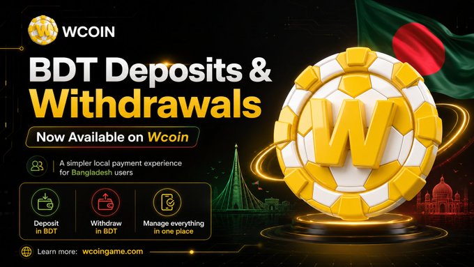 A promotional banner for WCOIN advertising "BDT Deposits & Withdrawals" now available, featuring a gold coin with a soccer ball design, the Bangladesh flag, and website wcoingame.com.