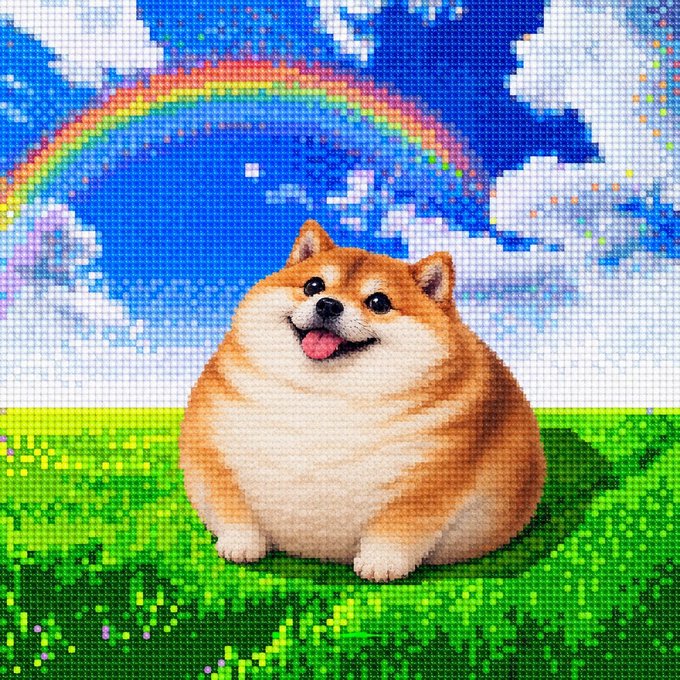 A pixelated digital artwork featuring a smiling Shiba Inu dog sitting on green grass with a rainbow arching across a cloudy blue sky in the background.