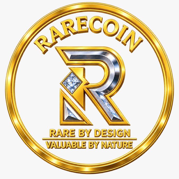 A circular gold emblem displays "RARECOIN" arched across the top, a stylized metallic "R" inset with a diamond at its center, and the tagline "RARE BY DESIGN • VALUABLE BY NATURE" at the bottom, reinforcing the post's branding of the $RARE token as a premium, scarcity-driven crypto launch.