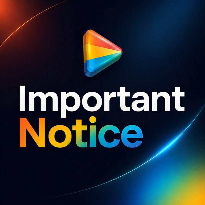 A digital graphic displaying 'Important Notice' in large white and multicolored gradient text beneath the Google Play Store triangular logo, set against a dark background with colorful light streaks.