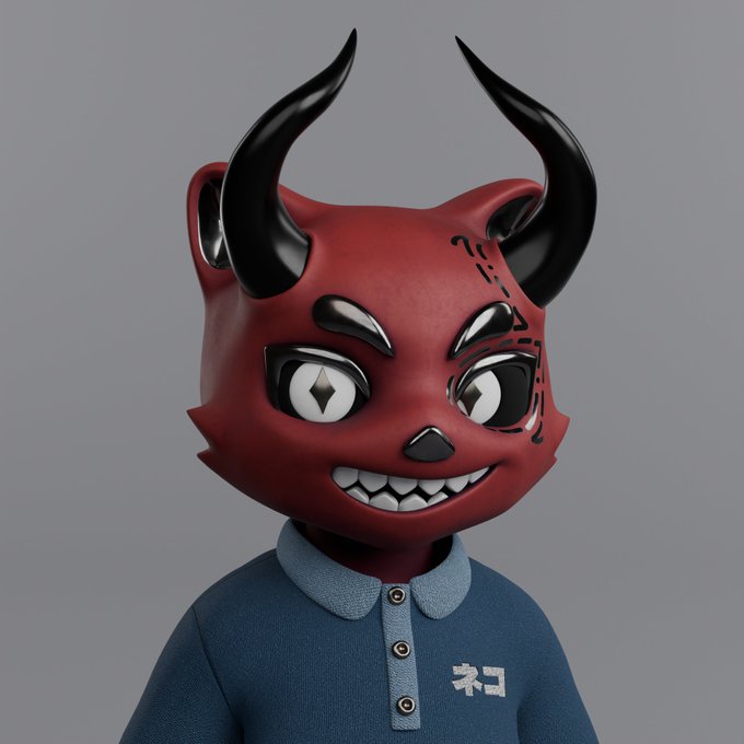 A 3D rendered character wearing a red devil mask with black horns and a wide toothy grin, dressed in a blue polo shirt featuring a small geometric logo on the chest.