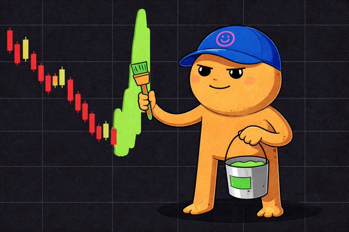A cartoon orange character wearing a blue cap with a smiley face, holding a paintbrush with green paint and a bucket, standing next to a red downward-trending stock chart on a dark grid background.