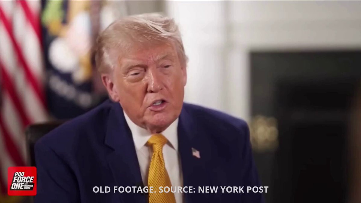 The image shows a man wearing a suit and tie sitting at a desk with his head tilted back as he speaks into a microphone. The background features an American flag along with text that reads "OLD FOOTAGE, SOURCE. NEW YORK POST" and "THE TRUMP ADMITTED ONE OF THE BIGGEST FINANCIAL MISTAKES IN U.S. HISTORY". This suggests the man is discussing or addressing a significant financial event in recent history involving President Donald Trump.