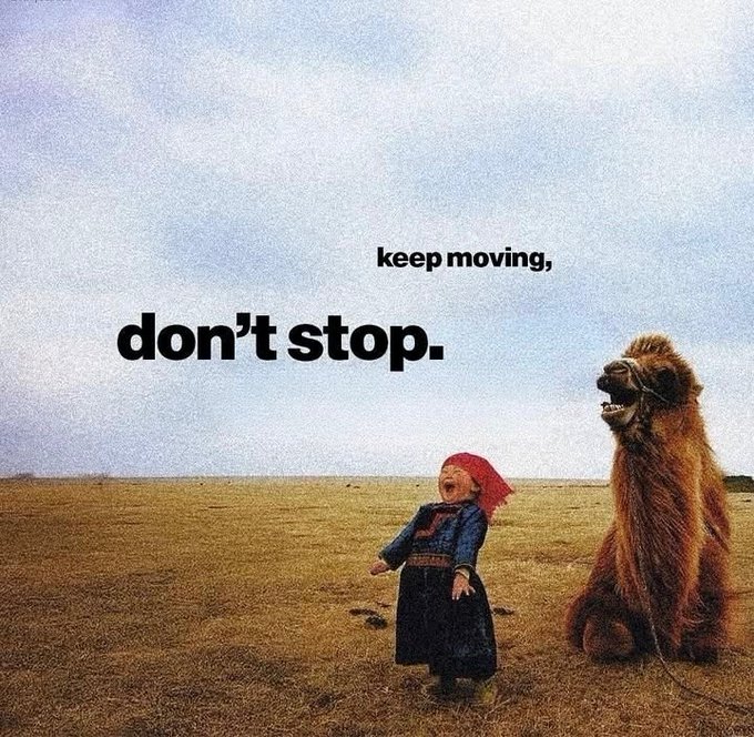 The image features a young child standing next to a camel, both of them facing each other. The caption below the image reads "Don't stop. Keep moving." This message seems to be related to the concept of AI-native DeFi, as indicated by the post's title and the use of the word "Chromia" in the caption.