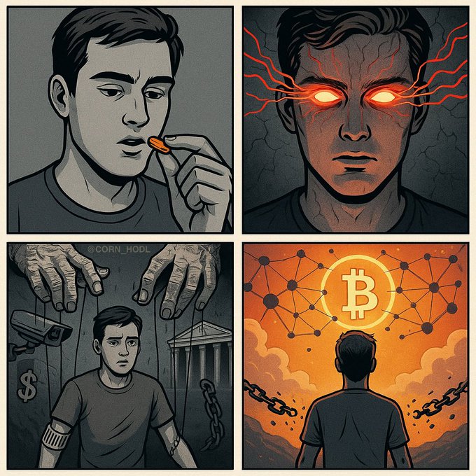 Four-panel comic showing a progression from a man taking a pill, to glowing red eyes, to being controlled by puppet strings near government/surveillance imagery, to a Bitcoin logo with broken chains.