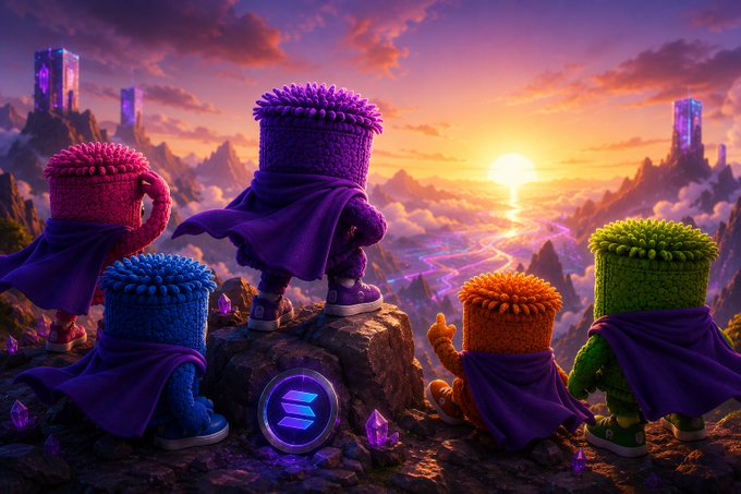 Digital artwork featuring five colorful, plush-like superhero figures (pink, purple, blue, orange, and green) wearing purple capes, standing on a rocky cliff overlooking a sunset valley with a Solana logo medallion in the center.