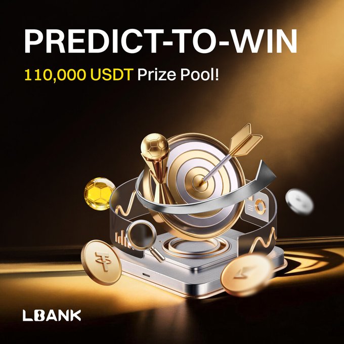 The image shows a cell phone with a gold design, which includes coins and bullseyes in its decoration. The surrounding text indicates that there's an upcoming event for predicting market trends related to football, crypto, and other popular topics. Participants are invited to participate in a cash prize pool based on their forecast of the most exciting news stories in these areas. The event is taking place at the LBank website and has been sponsored by UDT bank.