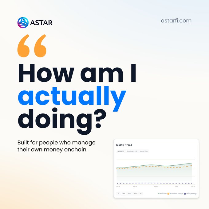 An ASTAR-branded graphic says “How am I actually doing?” and “Built for people who manage their own money onchain,” with “astarfi.com” at the top right and a small “Health Trend” chart at the bottom right.