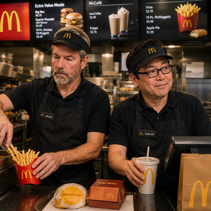 The image shows two McDonald's employees standing behind a counter with food items such as french fries and hamburgers displayed. One of them is wearing an apron while the other one has his hand up, possibly serving or preparing the food. The background features a menu board displaying various food options for customers to choose from.