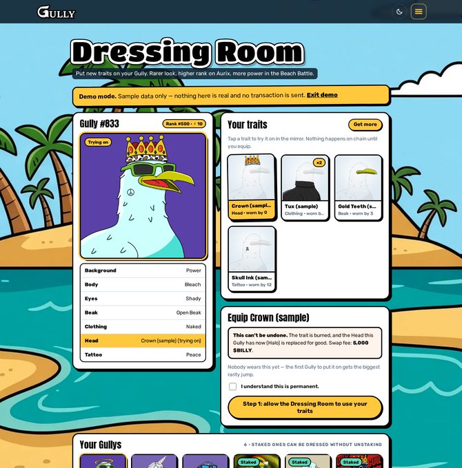 A cartoon-style 'Dressing Room' interface for the 'Gully' app showing 'Gully #833', a bird character wearing a crown and sunglasses, and trait options including 'Crown', 'Tux', 'Gold Teeth', and 'Skull Ink' alongside stats like Power, Bleach, Shady, and Open Beak.